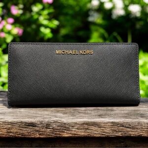 Michael Kors Black Saffiano Leather Zip-Around Wallet with Gold Logo